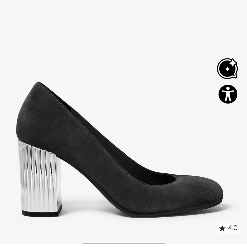 MICHAEL Michael Kors Black Suede Heels with Silver Block Heel